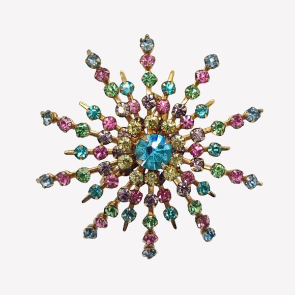 None Jewelry - Vtg Atomic Starburst Firework Pastel Prong Set Rhinestone 3D BroochPin
